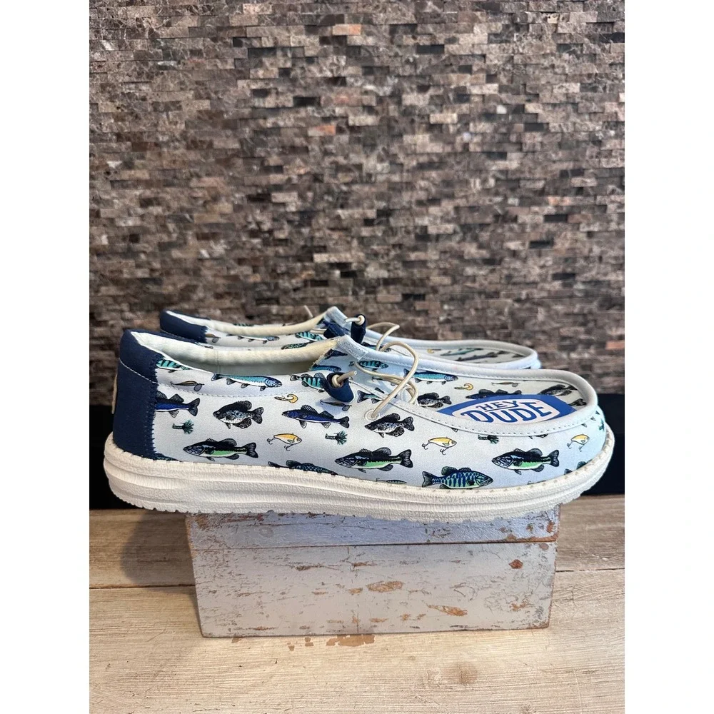 Hey Dude Wally Fish Lure Light Blue Canvas Slip On Loafers Mens 15 40624-450 NEW